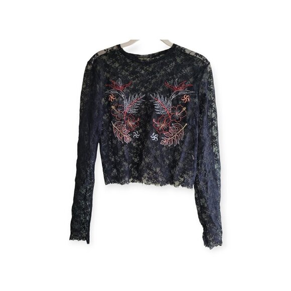 Zara Black Semi-Sheer Lace Bird Print Crop Top EUC size S - Picture 3 of 7